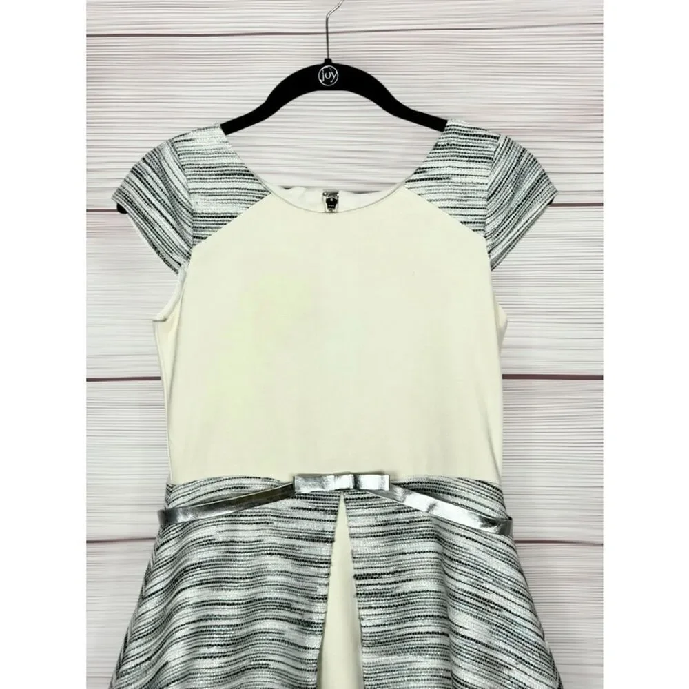 ZOË Ltd Dress Gray Ivory Tweed Cap Sleeve Fit & Flare Silver Belt size 16